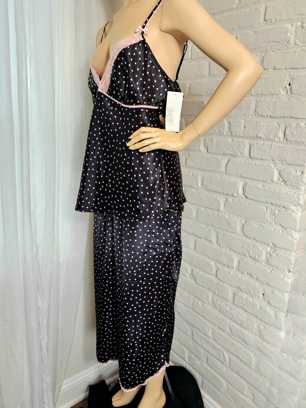Gilligan & O'Malley Satin Cami Pajama Set NWT Size XL Black Pink Heart Print - Picture 4 of 8